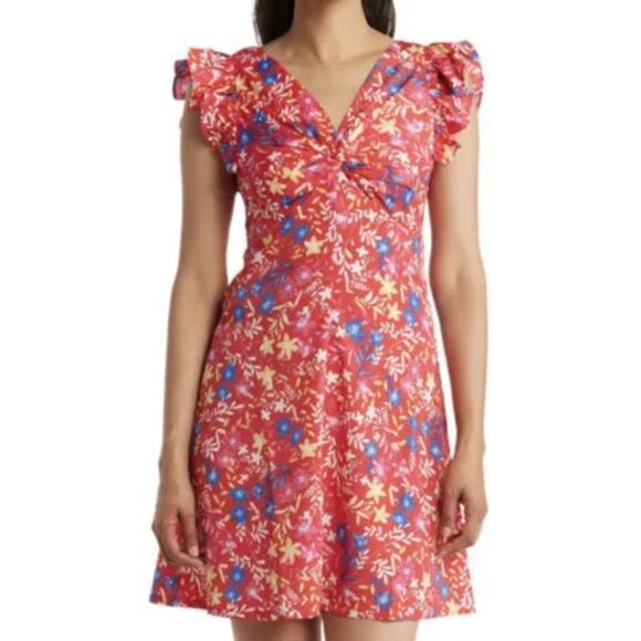 NWT Eliza J Red Ruffled Cap Sleeve Floral Knotted V-Neck Mini Cocktail Dress S